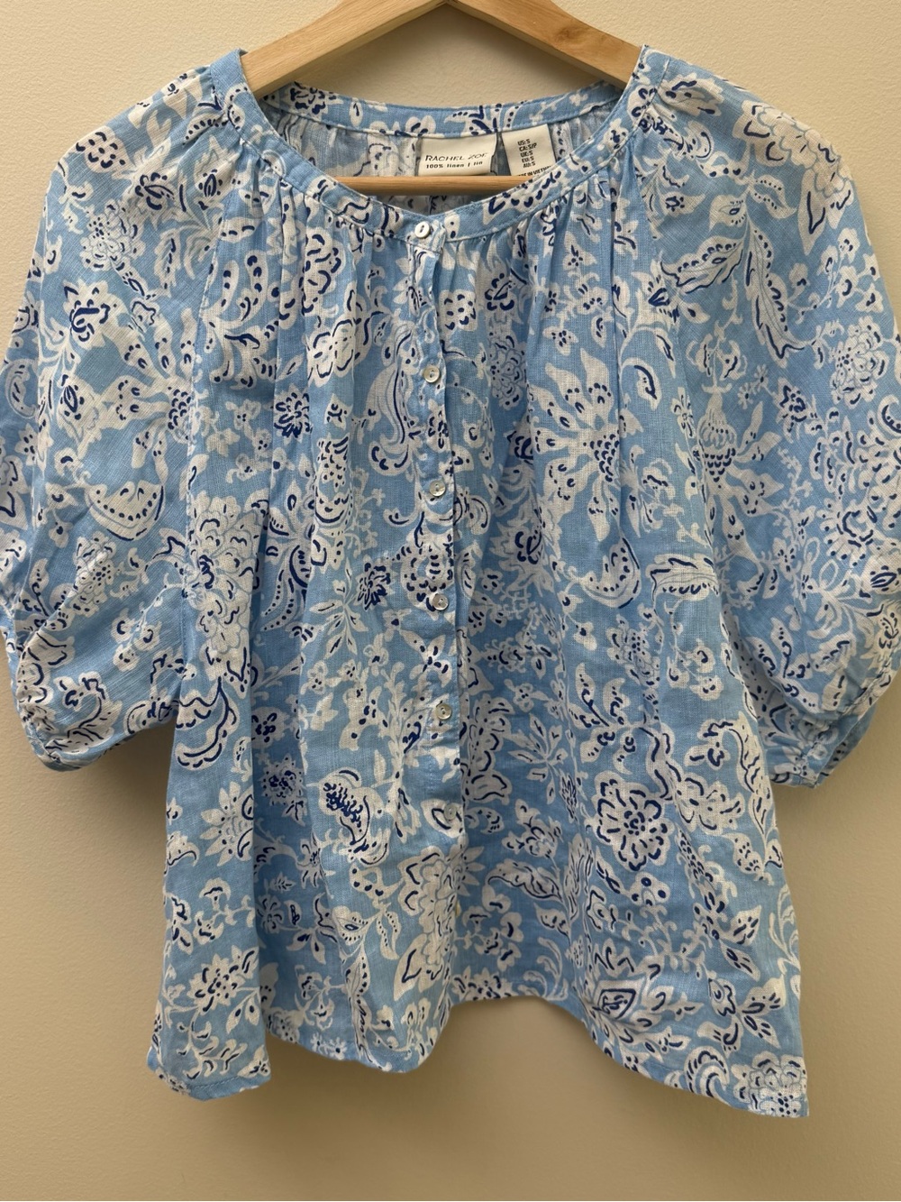 Rachel Zoe Light Blue and White Floral Linen Button-Front Top